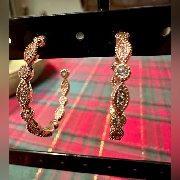 925 Sterling Silver CZ Dangle Hoop Earrings – Milor Italy (Rose Gold–Tone) ✨ - Picture 6 of 8